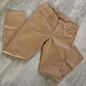 Tory Burch jeans khakis Tan/gold tone Designer engraved button and rivets EUC